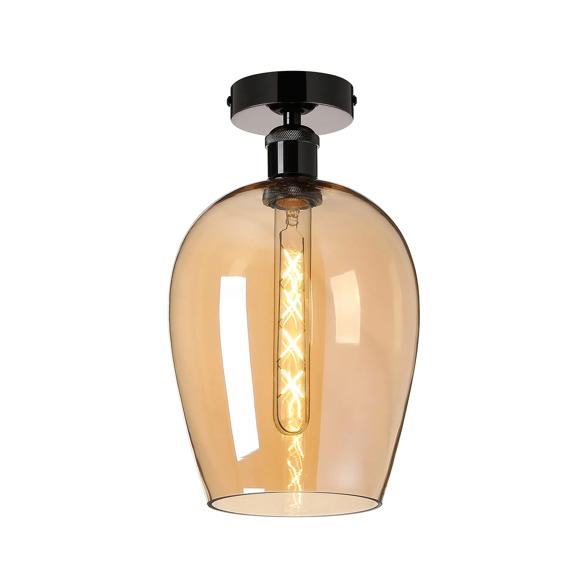 DK1159  Cawdor Flush Fitting, 1 Light E27, Black Chrome/Amber Wine Glass
